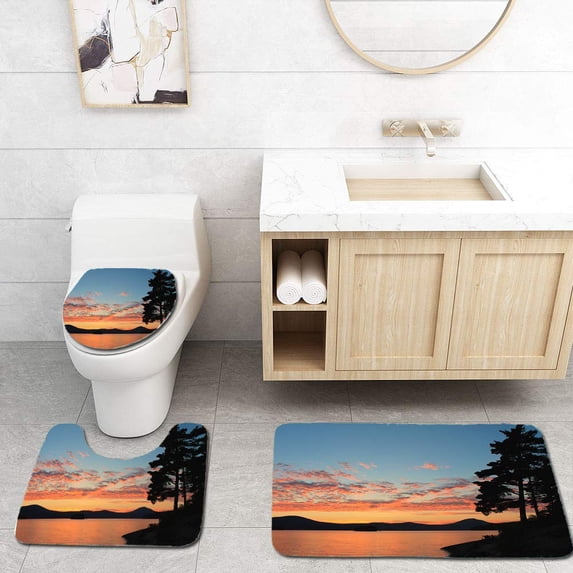 PUDMAD Bright Pink Sunset on Lake Pine Trees 3 Piece Bathroom Rugs Set Bath Rug Contour Mat and Toilet Lid Cover