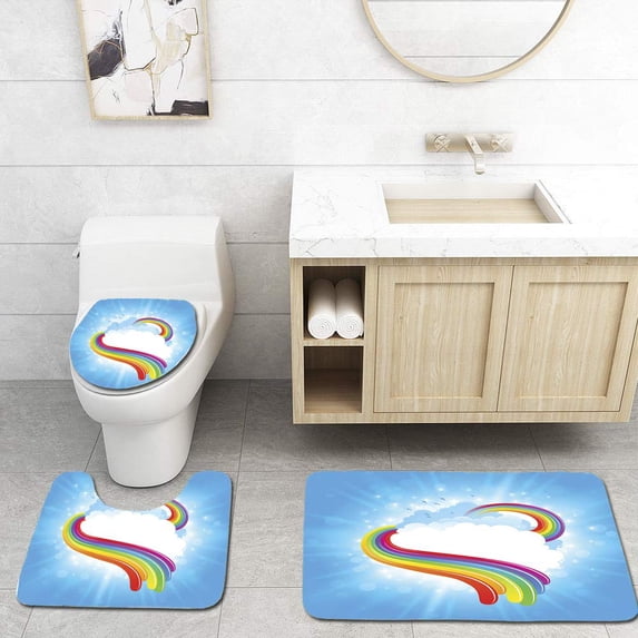 PUDMAD Bright Rainbow cloudscape 3 Piece Bathroom Rugs Set Bath Rug Contour Mat and Toilet Lid Cover
