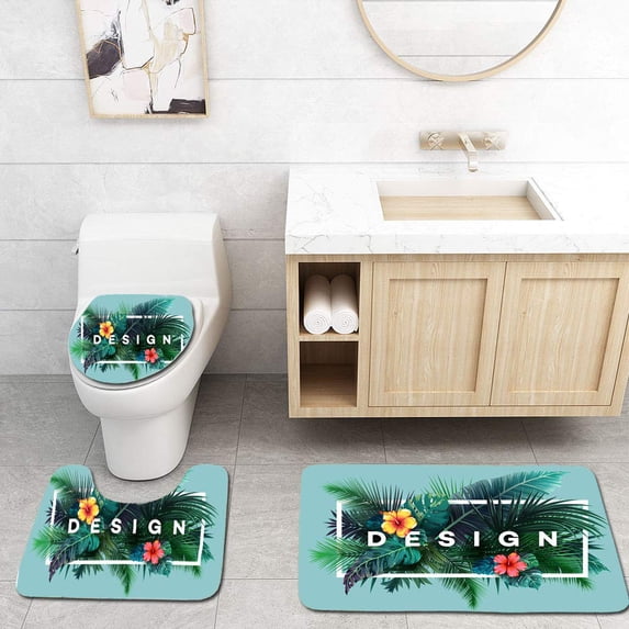 PUDMAD Bright Tropical Jungle Plants Exotic Palm Leaves 3 Piece Bathroom Rugs Set Bath Rug Contour Mat and Toilet Lid Cover