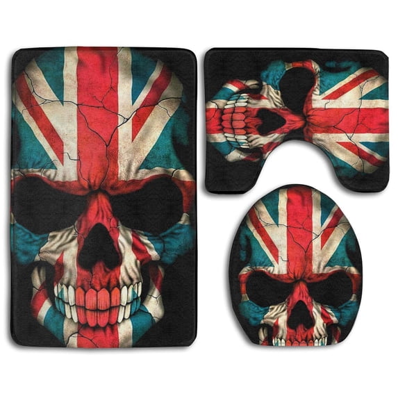 PUDMAD British Flag Skull 3 Piece Bathroom Rugs Set Bath Rug Contour Mat and Toilet Lid Cover