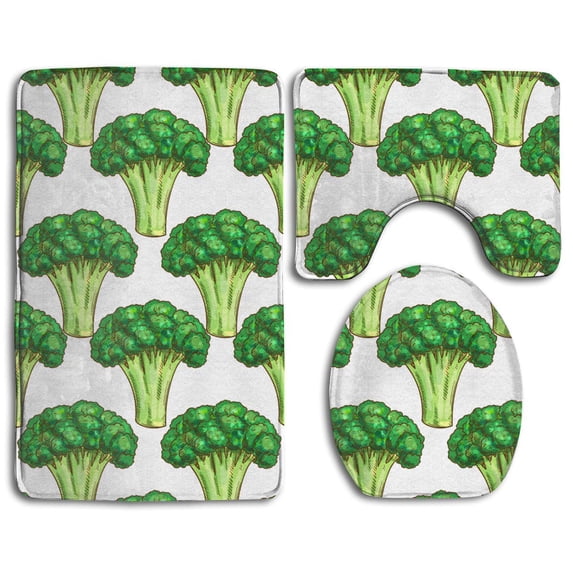 PUDMAD Broccoli 3 Piece Bathroom Rugs Set Bath Rug Contour Mat and Toilet Lid Cover