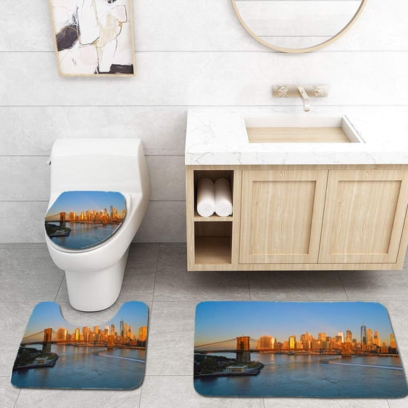 PUDMAD Brooklyn Bridge at Sunrise 3 Piece Bathroom Rugs Set Bath Rug Contour Mat and Toilet Lid Cover
