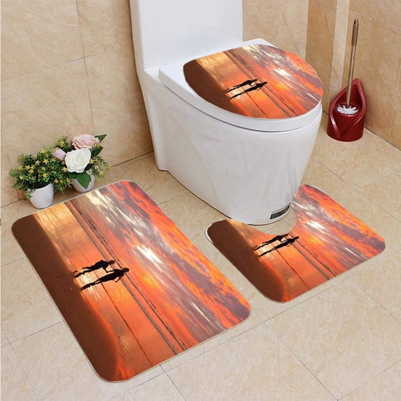 PUDMAD Brothers Playing in Ocean at Sunset 3 Piece Bathroom Rugs Set Bath Rug Contour Mat and Toilet Lid Cover