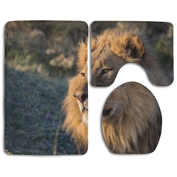 PUDMAD Brown King Lion 3 Piece Bathroom Rugs Set Bath Rug Contour Mat and Toilet Lid Cover