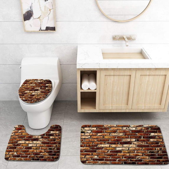 PUDMAD Brown Old Grunge Brick Wall Aging Construction Rustic Home Structure Dirty Facade 3 Piece Bathroom Rugs Set Bath Rug Contour Mat and Toilet Lid Cover