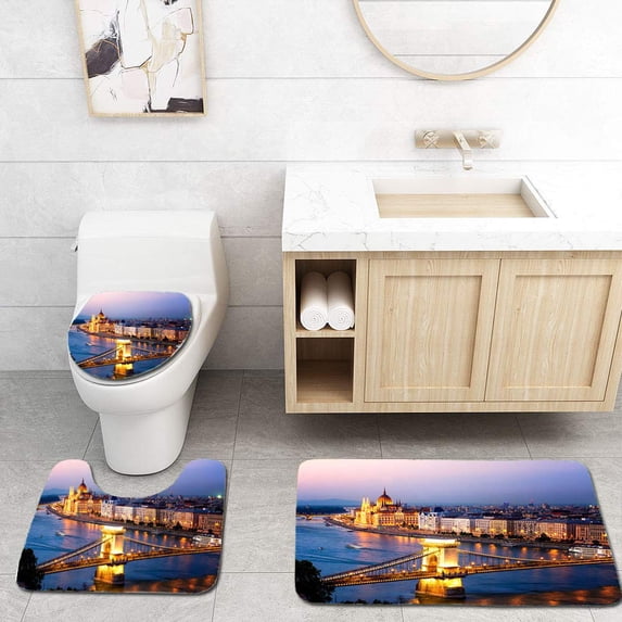 PUDMAD Budapest Night Lights 3 Piece Bathroom Rugs Set Bath Rug Contour Mat and Toilet Lid Cover