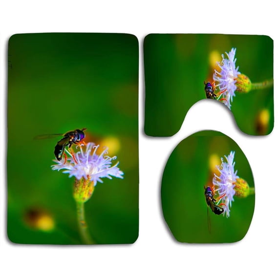 PUDMAD Bug on White Flower 3 Piece Bathroom Rugs Set Bath Rug Contour Mat and Toilet Lid Cover