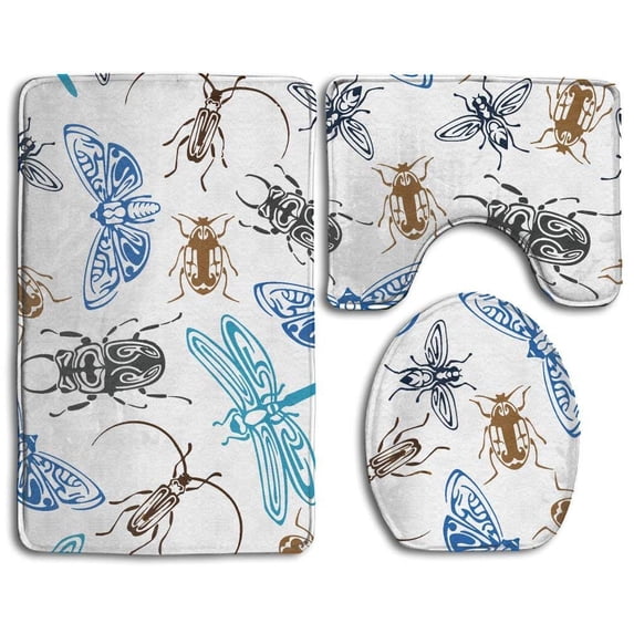 PUDMAD Bugs and Flying Insects 3 Piece Bathroom Rugs Set Bath Rug Contour Mat and Toilet Lid Cover