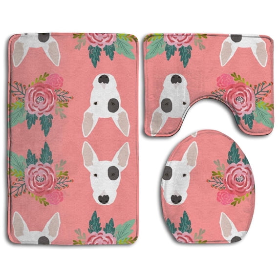 PUDMAD Bull Terrier Floral Flowers Bull 3 Piece Bathroom Rugs Set Bath Rug Contour Mat and Toilet Lid Cover
