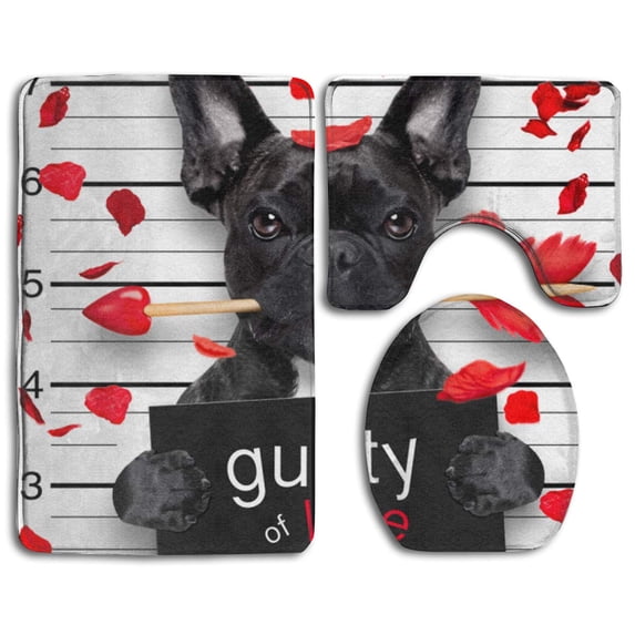 PUDMAD Bulldog Dog Rose 3 Piece Bathroom Rugs Set Bath Rug Contour Mat and Toilet Lid Cover
