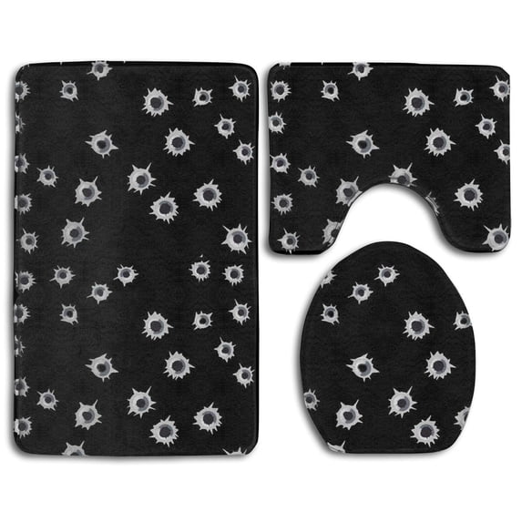 PUDMAD Bullet Holes On Black 3 Piece Bathroom Rugs Set Bath Rug Contour Mat and Toilet Lid Cover