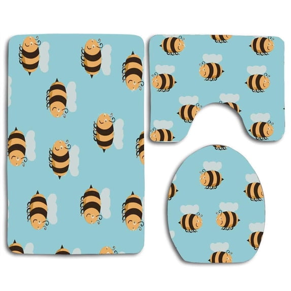 PUDMAD Bumblebee 3 Piece Bathroom Rugs Set Bath Rug Contour Mat and Toilet Lid Cover