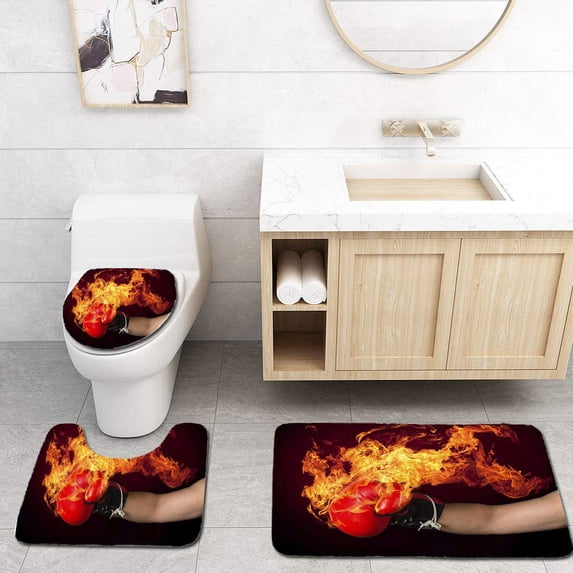 PUDMAD Burning Boxing Glove 3 Piece Bathroom Rugs Set Bath Rug Contour Mat and Toilet Lid Cover