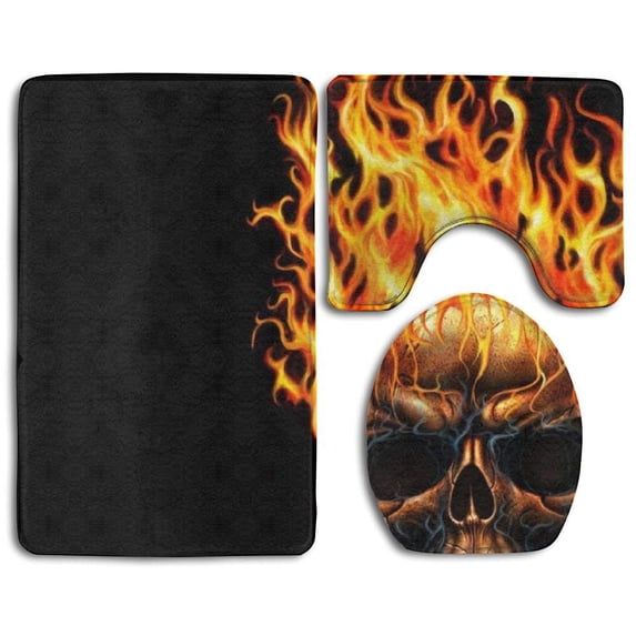PUDMAD Burning Skull2 3 Piece Bathroom Rugs Set Bath Rug Contour Mat and Toilet Lid Cover
