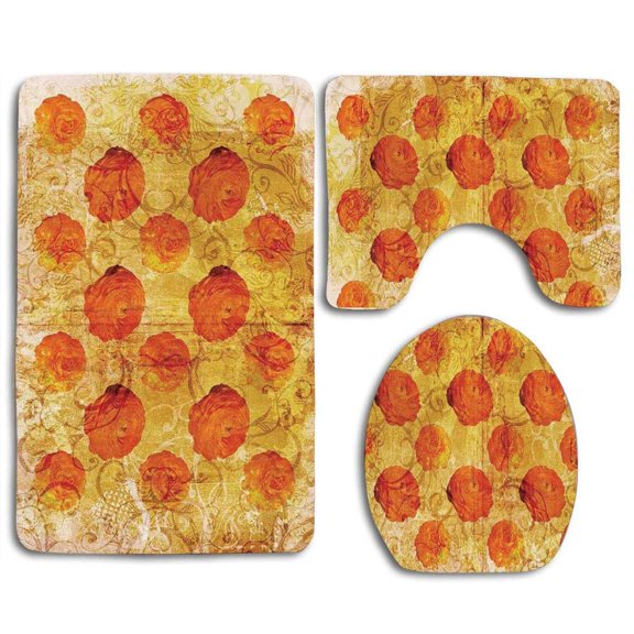 PUDMAD Burnt Orange Vintage Rose Flower Grubby Paint Texture Grunge Rusty Effects 3 Piece Bathroom Rugs Set Bath Rug Contour Mat and Toilet Lid Cover