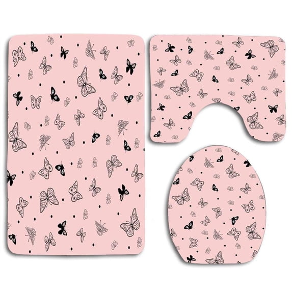 PUDMAD Butterflies 3 Piece Bathroom Rugs Set Bath Rug Contour Mat and Toilet Lid Cover