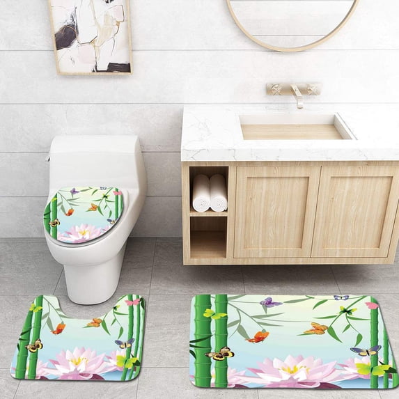 PUDMAD Butterflies Butterflies on Branch Lotus Bamboo Flower Exotic Nature Mod Graphic Art 3 Piece Bathroom Rugs Set Bath Rug Contour Mat and Toilet Lid Cover