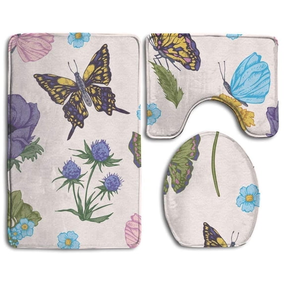 PUDMAD Butterflies Customized 3 Piece Bathroom Rugs Set Bath Rug Contour Mat and Toilet Lid Cover