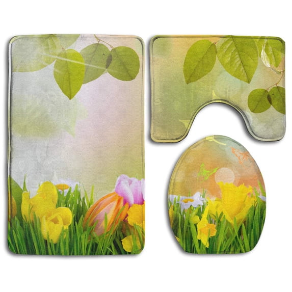 PUDMAD Butterflies Tulips 3 Piece Bathroom Rugs Set Bath Rug Contour Mat and Toilet Lid Cover