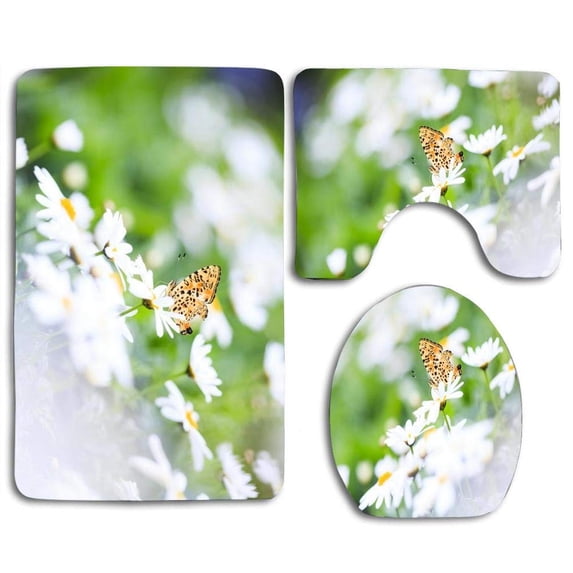 PUDMAD Butterfly 3 Piece Bathroom Rugs Set Bath Rug Contour Mat and Toilet Lid Cover