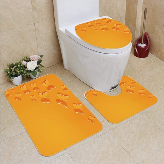 PUDMAD Butterfly 3 Piece Bathroom Rugs Set Bath Rug Contour Mat and Toilet Lid Cover