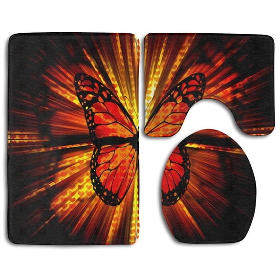 PUDMAD Butterfly Brightly Light 3 Piece Bathroom Rugs Set Bath Rug Contour Mat and Toilet Lid Cover