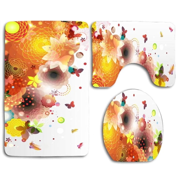 PUDMAD Butterfly Buddies 3 Piece Bathroom Rugs Set Bath Rug Contour Mat and Toilet Lid Cover