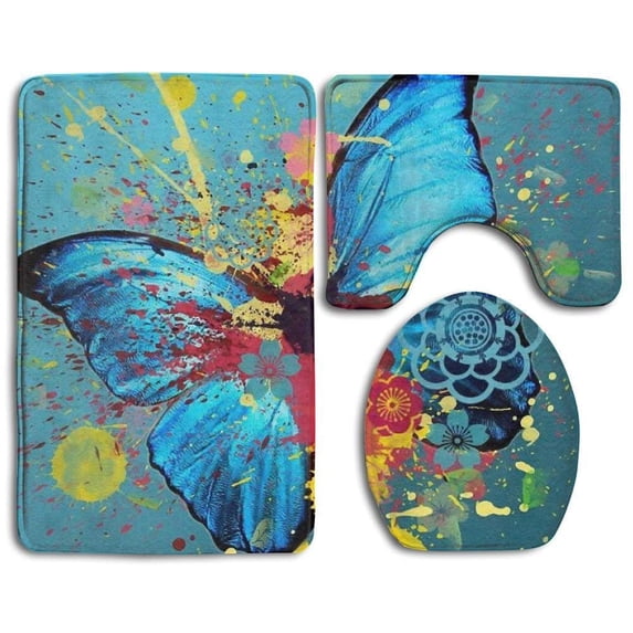 PUDMAD Butterfly Splash 3 Piece Bathroom Rugs Set Bath Rug Contour Mat and Toilet Lid Cover
