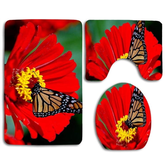 PUDMAD Butterfly and Red Flower 3 Piece Bathroom Rugs Set Bath Rug Contour Mat and Toilet Lid Cover