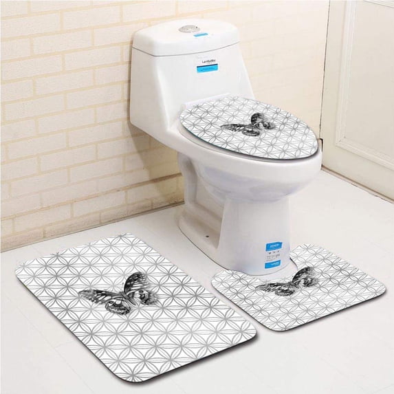 PUDMAD Butterfly on Sac Geometric Fragments Spiritual Modern Inspi 3 Piece Bathroom Rugs Set Bath Rug Contour Mat and Toilet Lid Cover