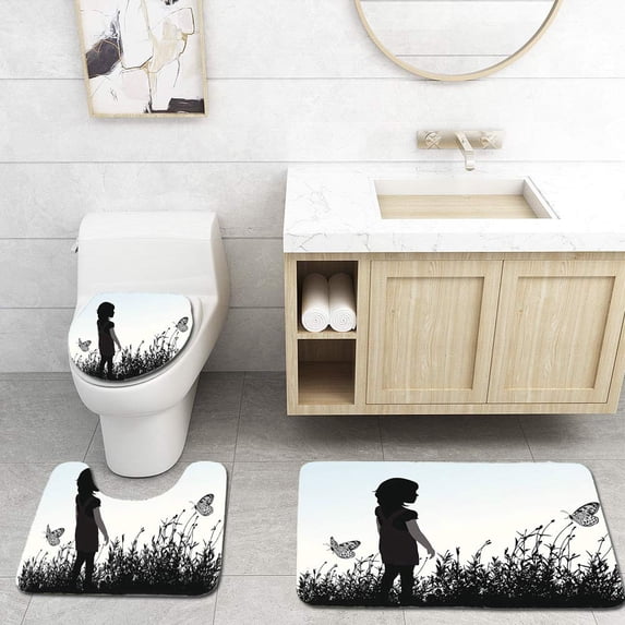 PUDMAD Butterflys Silhouette 3 Piece Bathroom Rugs Set Bath Rug Contour Mat and Toilet Lid Cover