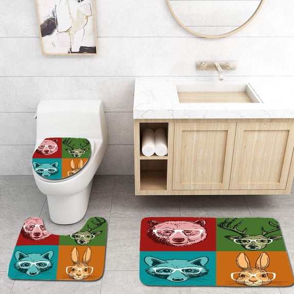 PUDMAD Cabin Hipster Retro Style Funny Wild Faces Glasses Line Art Drawing 3 Piece Bathroom Rugs Set Bath Rug Contour Mat and Toilet Lid Cover