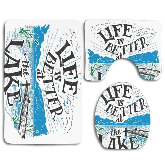 PUDMAD Cabin Life is Better at Lake Wooden Pier Plants Mountains Outdoors Sketch 3 Piece Bathroom Rugs Set Bath Rug Contour Mat and Toilet Lid Cover