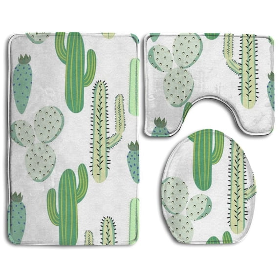 PUDMAD Cactus Garden 3 Piece Bathroom Rugs Set Bath Rug Contour Mat and Toilet Lid Cover
