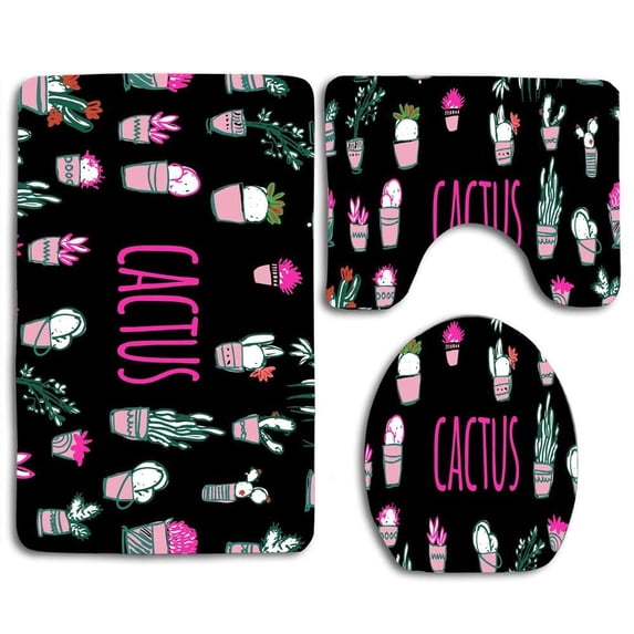 PUDMAD Cactus Painting on Black 3 Piece Bathroom Rugs Set Bath Rug Contour Mat and Toilet Lid Cover
