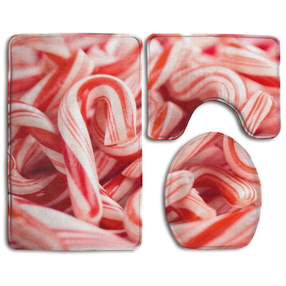 PUDMAD Candy Cane 3 Piece Bathroom Rugs Set Bath Rug Contour Mat and Toilet Lid Cover