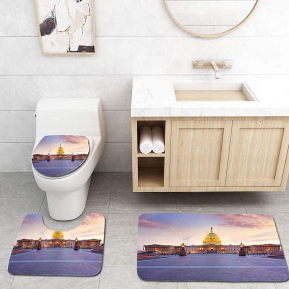 PUDMAD Capitol Building Washington DC Sunset US Congress 3 Piece Bathroom Rugs Set Bath Rug Contour Mat and Toilet Lid Cover