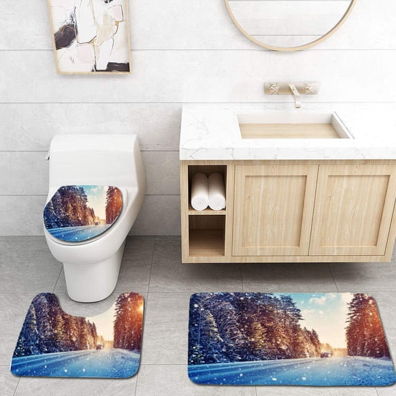 PUDMAD Car Tires on Winter Road 3 Piece Bathroom Rugs Set Bath Rug Contour Mat and Toilet Lid Cover