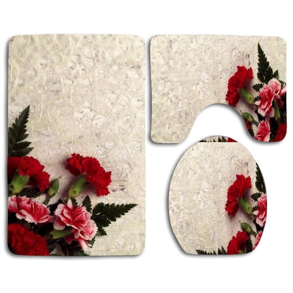 PUDMAD Carnation 3 Piece Bathroom Rugs Set Bath Rug Contour Mat and Toilet Lid Cover