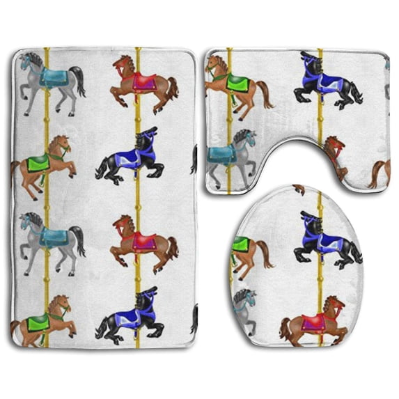 PUDMAD Carousel Horses Memory 3 Piece Bathroom Rugs Set Bath Rug Contour Mat and Toilet Lid Cover