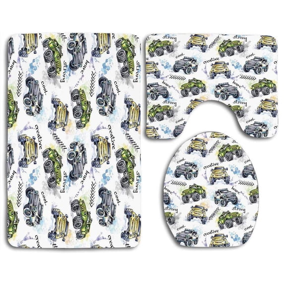 PUDMAD Cars Hand Drawn Watercolored Monster Trucks Enormous Wheels Off Road Life Lavander 3 Piece Bathroom Rugs Set Bath Rug Contour Mat and Toilet Lid Cover