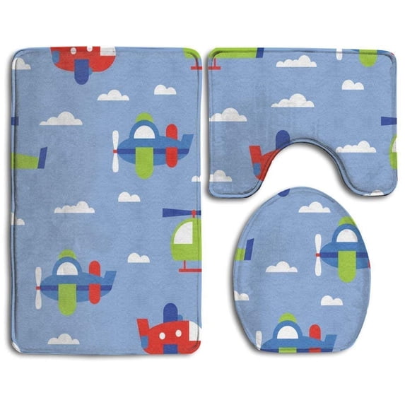 PUDMAD Cartoon Airplane 3 Piece Bathroom Rugs Set Bath Rug Contour Mat and Toilet Lid Cover