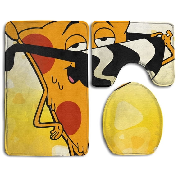 PUDMAD Cartoon And Pizza 3 Piece Bathroom Rugs Set Bath Rug Contour Mat and Toilet Lid Cover