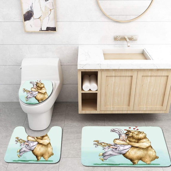PUDMAD Cartoon Big Bear Fully Hugs Pastry Love Humor Satire Romance Theme Artful Cream 3 Piece Bathroom Rugs Set Bath Rug Contour Mat and Toilet Lid Cover