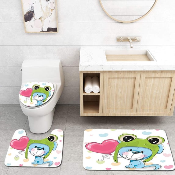 PUDMAD Cartoon Cartoon Puppy in a Frog Hat Balloon on Heart Love Kids 3 Piece Bathroom Rugs Set Bath Rug Contour Mat and Toilet Lid Cover
