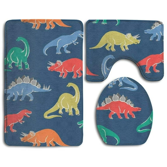 PUDMAD Cartoon Dinosaur 3 Piece Bathroom Rugs Set Bath Rug Contour Mat and Toilet Lid Cover