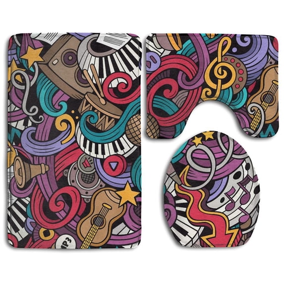 PUDMAD Cartoon Doodles Musical Instruments 3 Piece Bathroom Rugs Set Bath Rug Contour Mat and Toilet Lid Cover