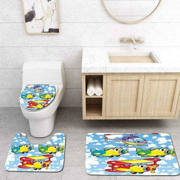 PUDMAD Cartoon Kids Cute Airplanes and Helicopters Faces in Cloudy Sky Baby Nursery 3 Piece Bathroom Rugs Set Bath Rug Contour Mat and Toilet Lid Cover