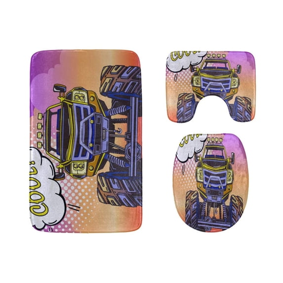 PUDMAD Cartoon Monster Truck 3 Piece Bathroom Rugs Set Bath Rug Contour Mat and Toilet Lid Cover