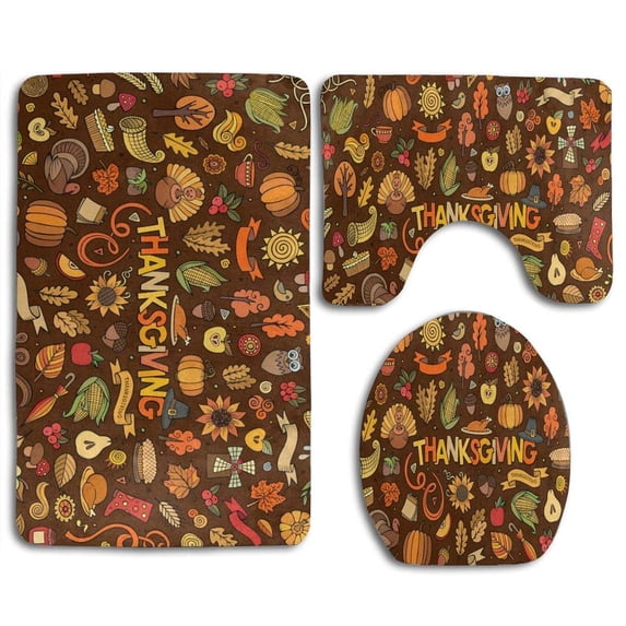 PUDMAD Cartoon Pumpkin Turkey on Thanksgiving Autumn 3 Piece Bathroom Rugs Set Bath Rug Contour Mat and Toilet Lid Cover